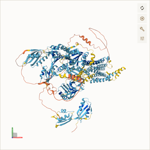 Predicted ribbon structure of ATP7A (Q04656) — coloured by sequence position from N-terminus (blue) to C-terminus (red)