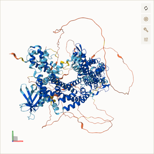 Predicted ribbon structure of SOS1 (Q07889) — coloured by sequence position from N-terminus (blue) to C-terminus (red)