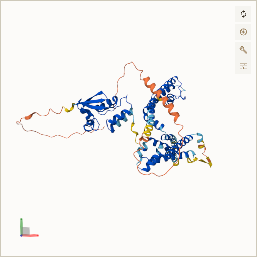 Predicted ribbon structure of KCNA1 (Q09470) — coloured by sequence position from N-terminus (blue) to C-terminus (red)