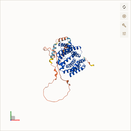 Predicted ribbon structure of COX10 (Q12887) — coloured by sequence position from N-terminus (blue) to C-terminus (red)