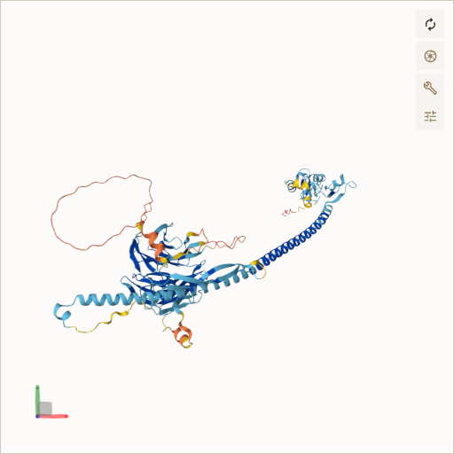 Predicted ribbon structure of TRIM32 (Q13049) — coloured by sequence position from N-terminus (blue) to C-terminus (red)