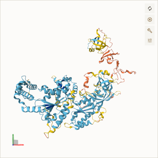 Predicted ribbon structure of PEX6 (Q13608) — coloured by sequence position from N-terminus (blue) to C-terminus (red)