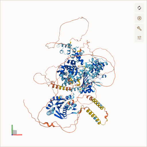 Predicted ribbon structure of WRN (Q14191) — coloured by sequence position from N-terminus (blue) to C-terminus (red)