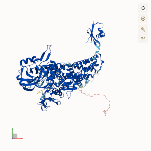 Predicted ribbon structure of LARS2 (Q15031) — coloured by sequence position from N-terminus (blue) to C-terminus (red)