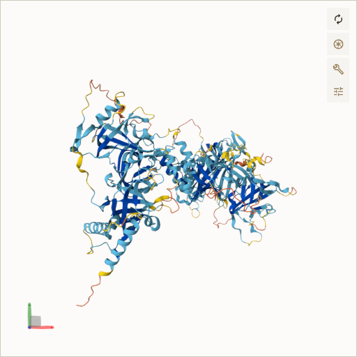 Predicted ribbon structure of CTC1 (Q2NKJ3) — coloured by sequence position from N-terminus (blue) to C-terminus (red)