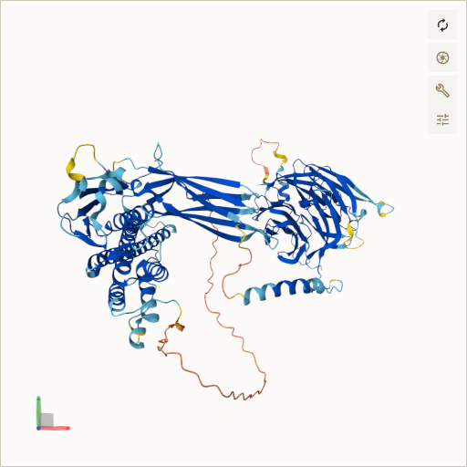 Predicted ribbon structure of BBS9 (Q3SYG4) — coloured by sequence position from N-terminus (blue) to C-terminus (red)