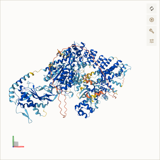 Predicted ribbon structure of SAMD9 (Q5K651) — coloured by sequence position from N-terminus (blue) to C-terminus (red)