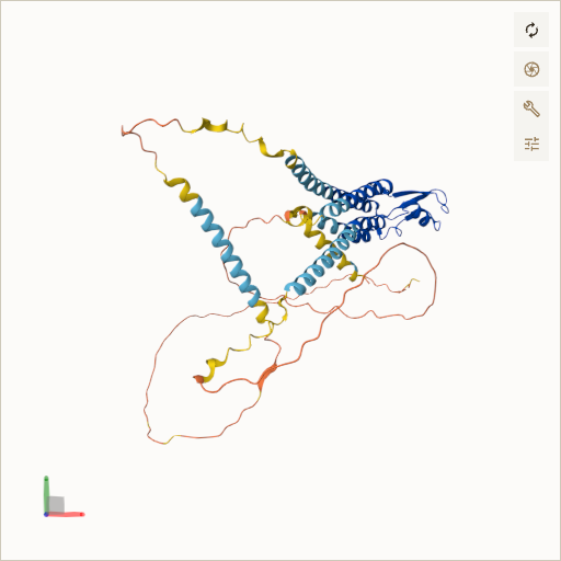 Predicted ribbon structure of GJC2 (Q5T442) — coloured by sequence position from N-terminus (blue) to C-terminus (red)