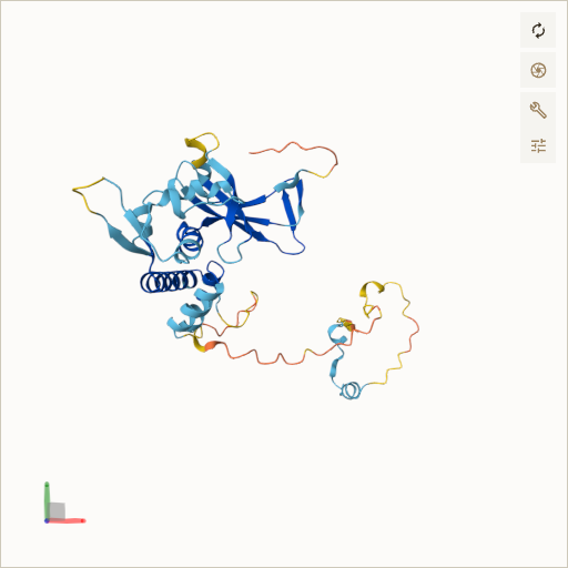 Predicted ribbon structure of RNASEH2B (Q5TBB1) — coloured by sequence position from N-terminus (blue) to C-terminus (red)