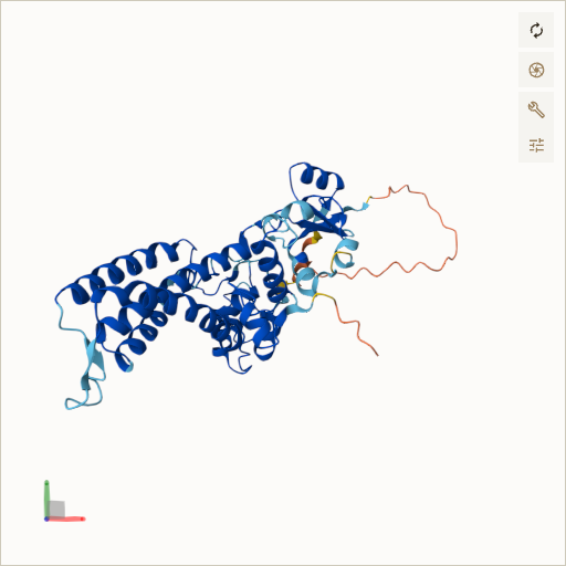 Predicted ribbon structure of FA2H (Q7L5A8) — coloured by sequence position from N-terminus (blue) to C-terminus (red)