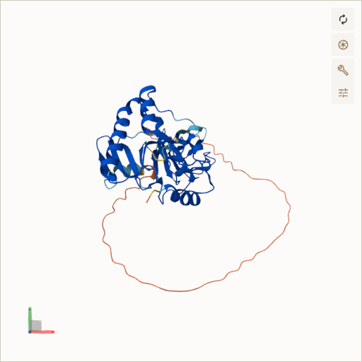 Predicted ribbon structure of APTX (Q7Z2E3) — coloured by sequence position from N-terminus (blue) to C-terminus (red)