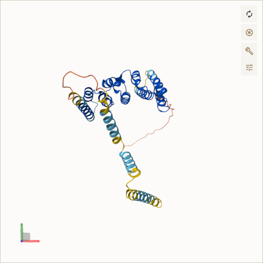 Predicted ribbon structure of PEX26 (Q7Z412) — coloured by sequence position from N-terminus (blue) to C-terminus (red)