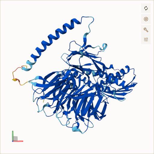 Predicted ribbon structure of BBS7 (Q8IWZ6) — coloured by sequence position from N-terminus (blue) to C-terminus (red)