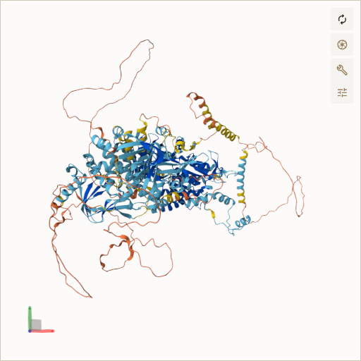 Predicted ribbon structure of PNPLA6 (Q8IY17) — coloured by sequence position from N-terminus (blue) to C-terminus (red)