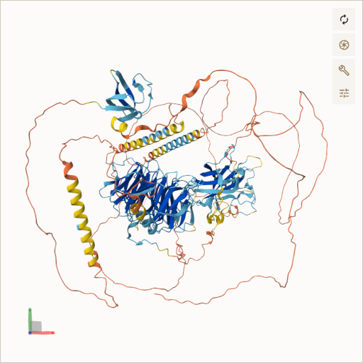 Predicted ribbon structure of AHI1 (Q8N157) — coloured by sequence position from N-terminus (blue) to C-terminus (red)