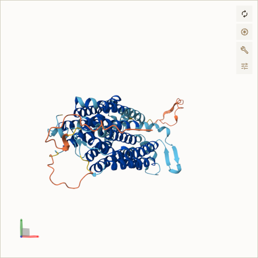 Predicted ribbon structure of MFSD8 (Q8NHS3) — coloured by sequence position from N-terminus (blue) to C-terminus (red)
