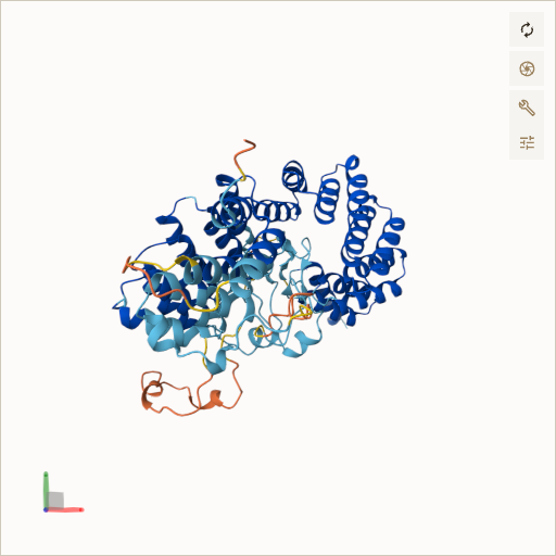Predicted ribbon structure of TTC8 (Q8TAM2) — coloured by sequence position from N-terminus (blue) to C-terminus (red)