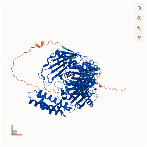 Predicted ribbon structure of PNPT1 (Q8TCS8) — coloured by sequence position from N-terminus (blue) to C-terminus (red)