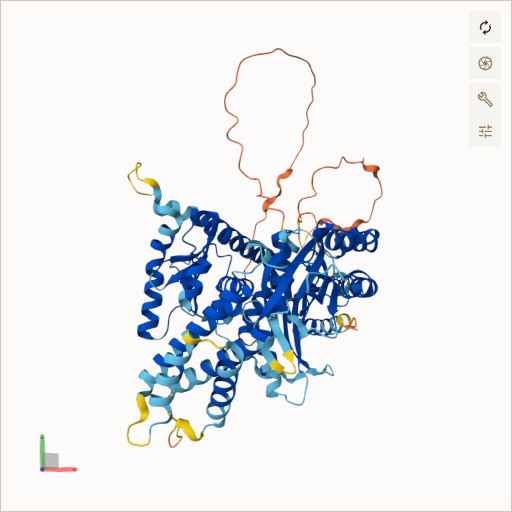 Predicted ribbon structure of HPS1 (Q92902) — coloured by sequence position from N-terminus (blue) to C-terminus (red)