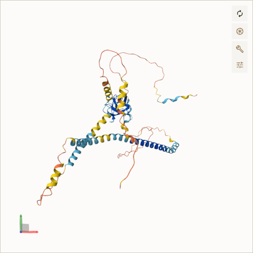 Predicted ribbon structure of PEX13 (Q92968) — coloured by sequence position from N-terminus (blue) to C-terminus (red)