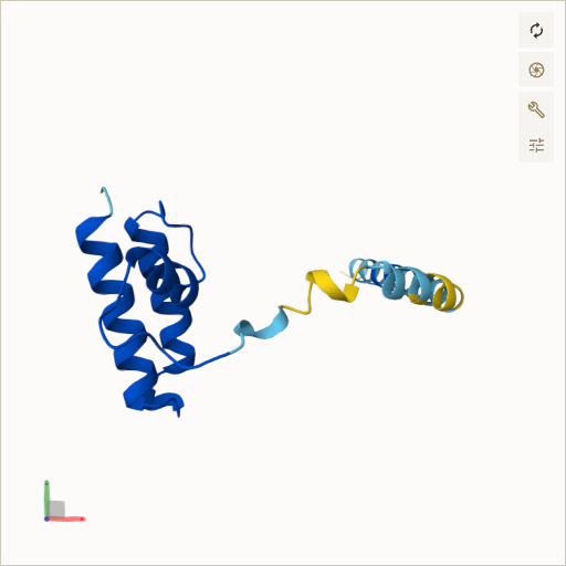 Predicted ribbon structure of DNAJC19 (Q96DA6) — coloured by sequence position from N-terminus (blue) to C-terminus (red)