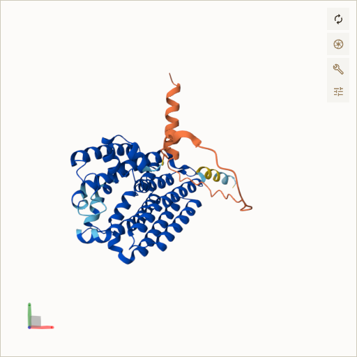 Predicted ribbon structure of COQ2 (Q96H96) — coloured by sequence position from N-terminus (blue) to C-terminus (red)