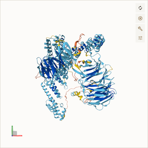Predicted ribbon structure of IFT140 (Q96RY7) — coloured by sequence position from N-terminus (blue) to C-terminus (red)