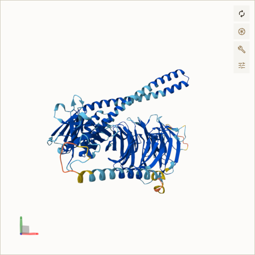 Predicted ribbon structure of BBS2 (Q9BXC9) — coloured by sequence position from N-terminus (blue) to C-terminus (red)