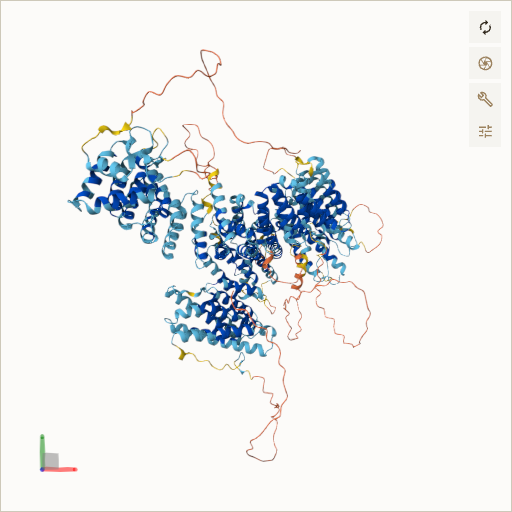 Predicted ribbon structure of FANCD2 (Q9BXW9) — coloured by sequence position from N-terminus (blue) to C-terminus (red)