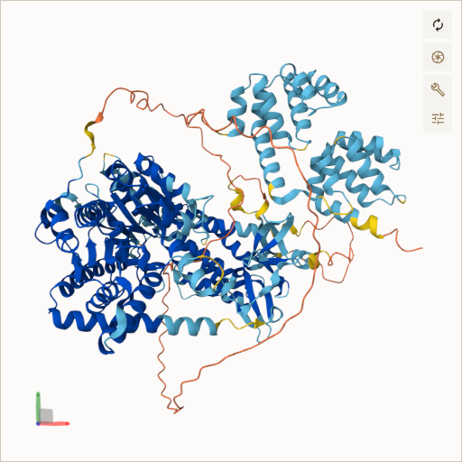Predicted ribbon structure of IFIH1 (Q9BYX4) — coloured by sequence position from N-terminus (blue) to C-terminus (red)