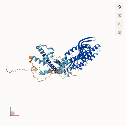 Predicted ribbon structure of MCOLN1 (Q9GZU1) — coloured by sequence position from N-terminus (blue) to C-terminus (red)