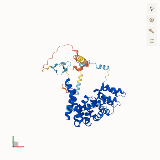 Predicted ribbon structure of SIL1 (Q9H173) — coloured by sequence position from N-terminus (blue) to C-terminus (red)