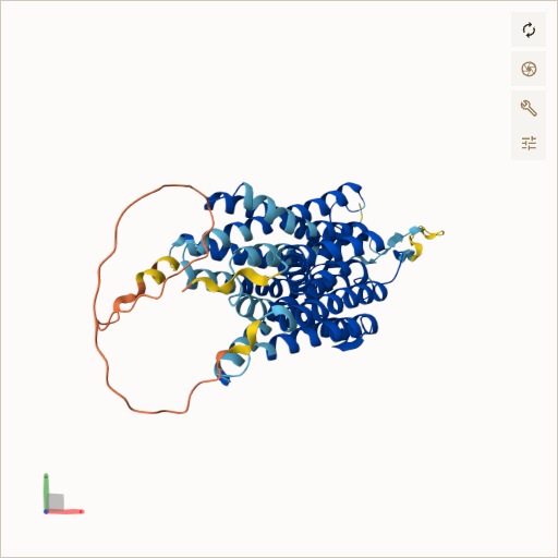 Predicted ribbon structure of SLC52A2 (Q9HAB3) — coloured by sequence position from N-terminus (blue) to C-terminus (red)