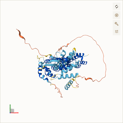 Predicted ribbon structure of FANCE (Q9HB96) — coloured by sequence position from N-terminus (blue) to C-terminus (red)