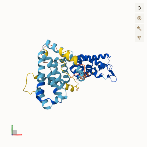 Predicted ribbon structure of FANCF (Q9NPI8) — coloured by sequence position from N-terminus (blue) to C-terminus (red)