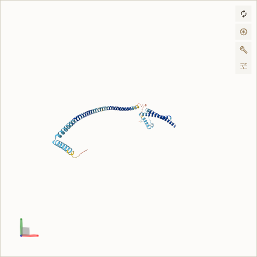 Predicted ribbon structure of LZTFL1 (Q9NQ48) — coloured by sequence position from N-terminus (blue) to C-terminus (red)