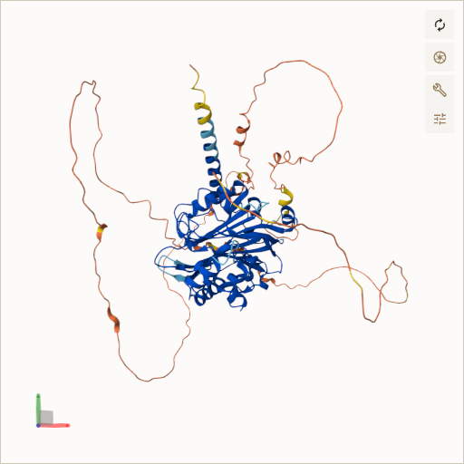 Predicted ribbon structure of INPP5E (Q9NRR6) — coloured by sequence position from N-terminus (blue) to C-terminus (red)