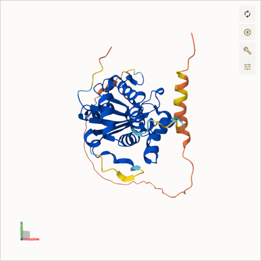 Predicted ribbon structure of TREX1 (Q9NSU2) — coloured by sequence position from N-terminus (blue) to C-terminus (red)