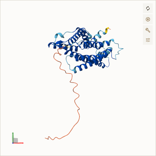 Predicted ribbon structure of CLN6 (Q9NWW5) — coloured by sequence position from N-terminus (blue) to C-terminus (red)