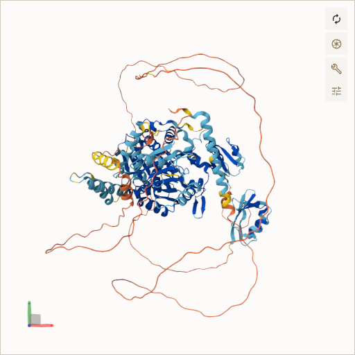Predicted ribbon structure of SMARCAL1 (Q9NZC9) — coloured by sequence position from N-terminus (blue) to C-terminus (red)