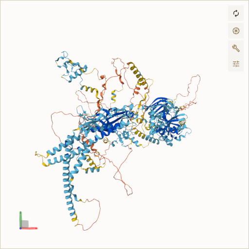 Predicted ribbon structure of CC2D2A (Q9P2K1) — coloured by sequence position from N-terminus (blue) to C-terminus (red)