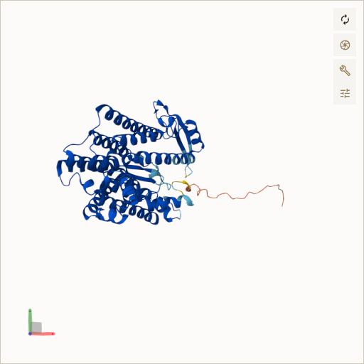 Predicted ribbon structure of DHCR7 (Q9UBM7) — coloured by sequence position from N-terminus (blue) to C-terminus (red)