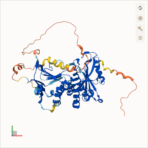 Predicted ribbon structure of SUFU (Q9UMX1) — coloured by sequence position from N-terminus (blue) to C-terminus (red)