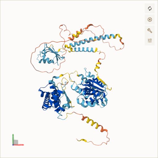 Predicted ribbon structure of SPG7 (Q9UQ90) — coloured by sequence position from N-terminus (blue) to C-terminus (red)
