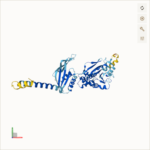Predicted ribbon structure of BCS1L (Q9Y276) — coloured by sequence position from N-terminus (blue) to C-terminus (red)