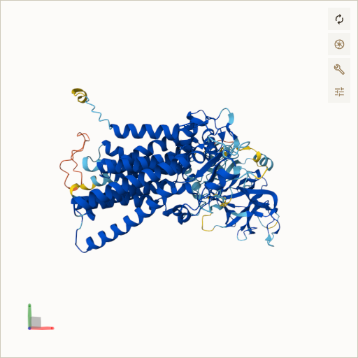 Predicted ribbon structure of POMT1 (Q9Y6A1) — coloured by sequence position from N-terminus (blue) to C-terminus (red)